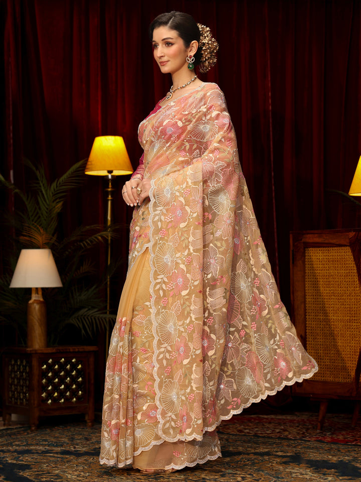 Libas Art Yellow Floral Embroidered Tissue Saree
