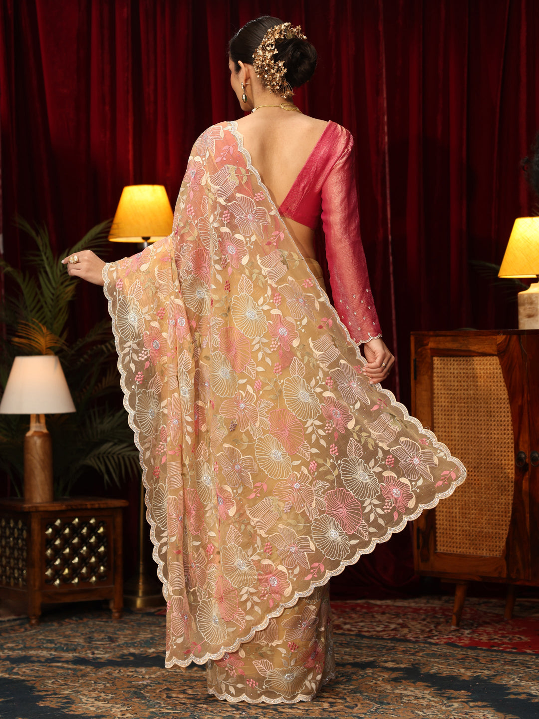 Libas Art Yellow Floral Embroidered Tissue Saree