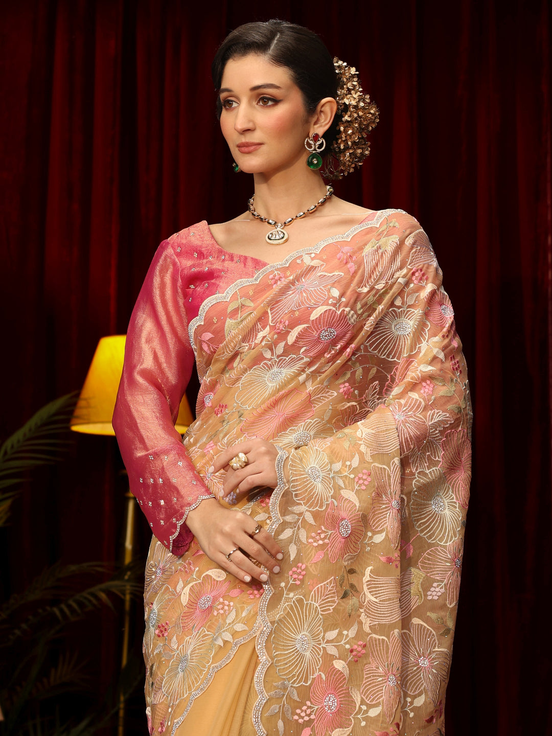 Libas Art Yellow Floral Embroidered Tissue Saree