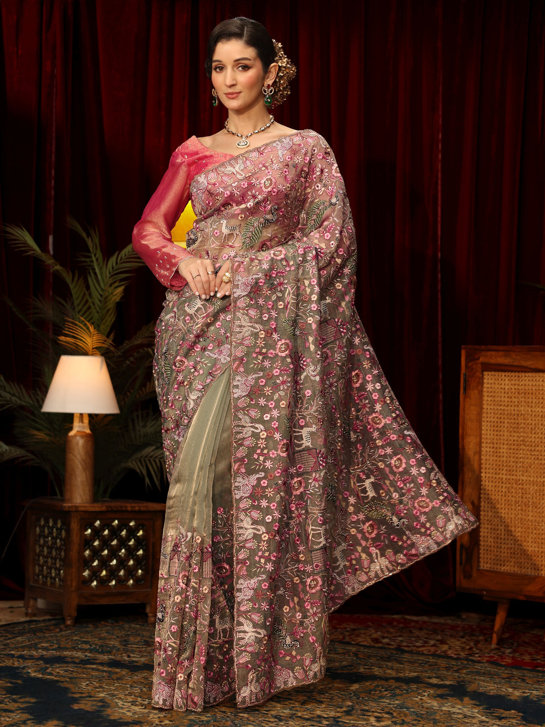 Libas Art Green Floral Embroidered Tissue Saree
