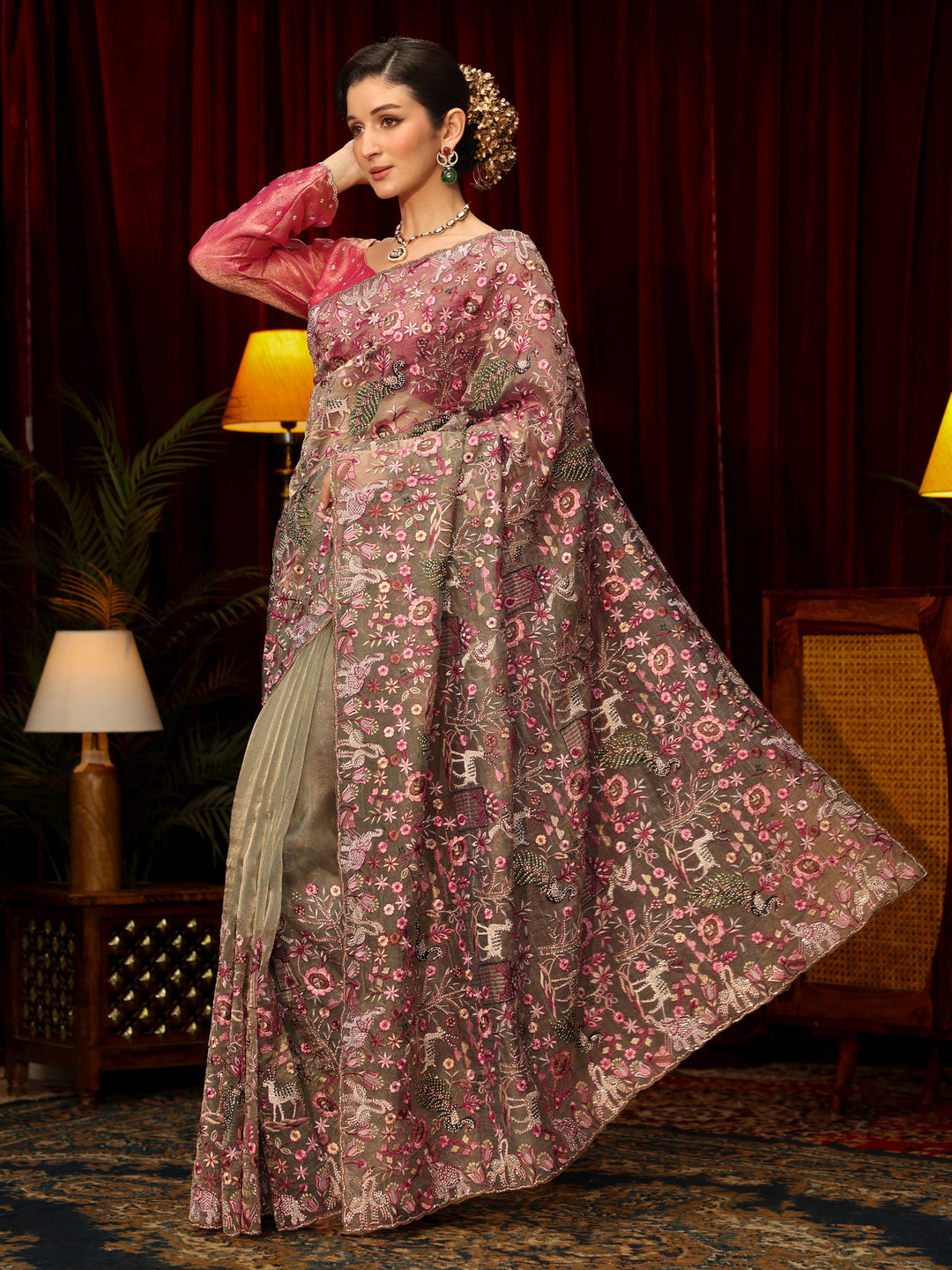 Libas Art Green Floral Embroidered Tissue Saree