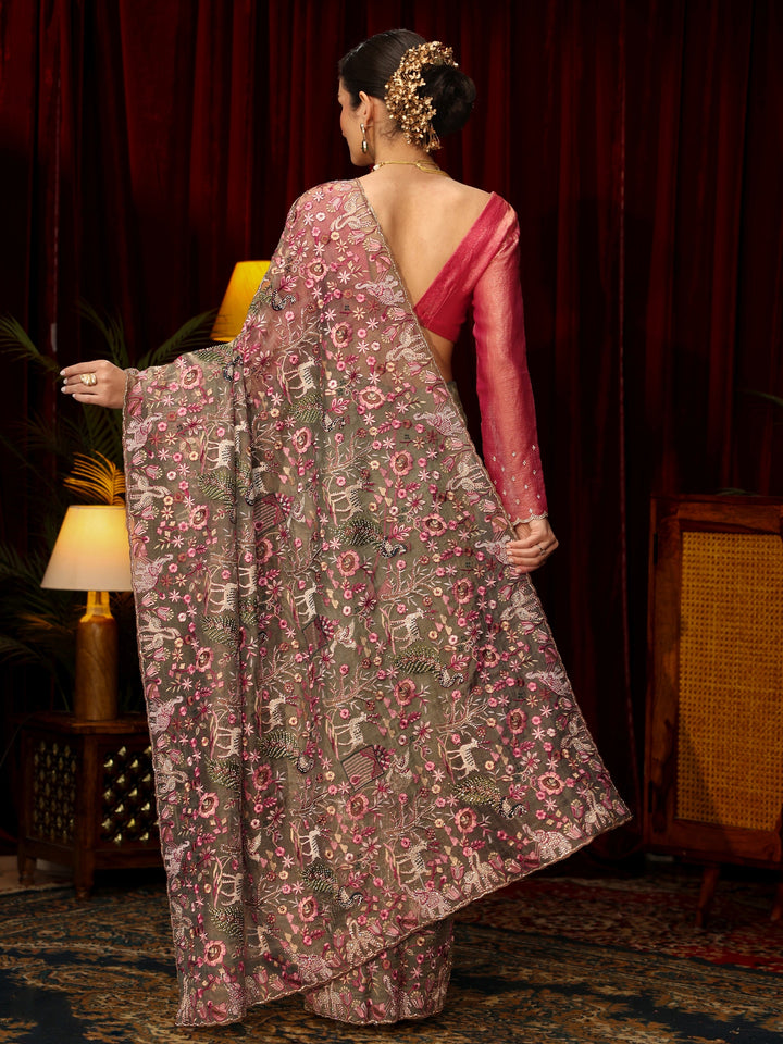 Libas Art Green Floral Embroidered Tissue Saree