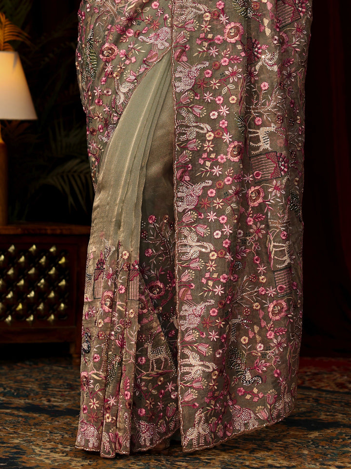 Libas Art Green Floral Embroidered Tissue Saree