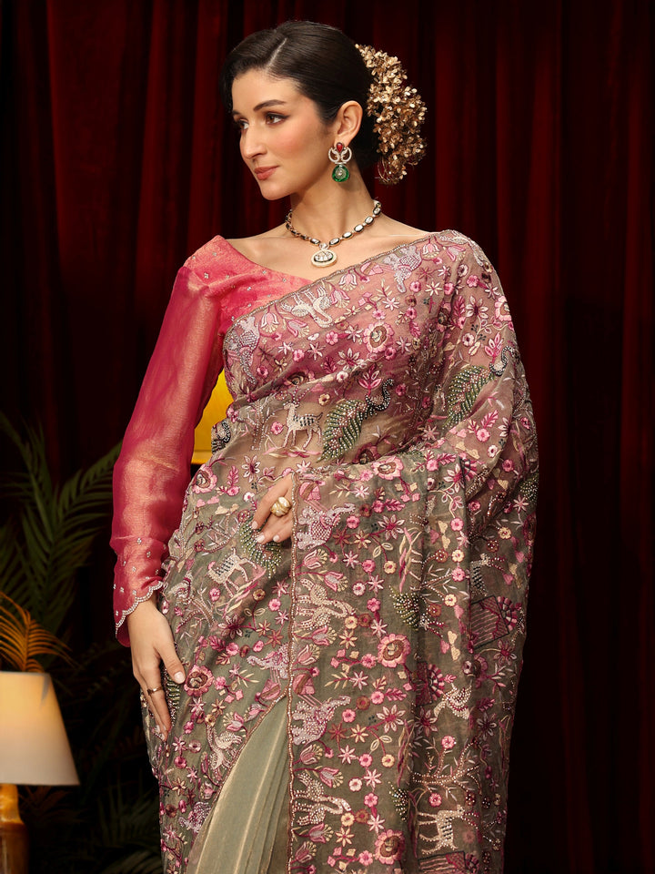 Libas Art Green Floral Embroidered Tissue Saree