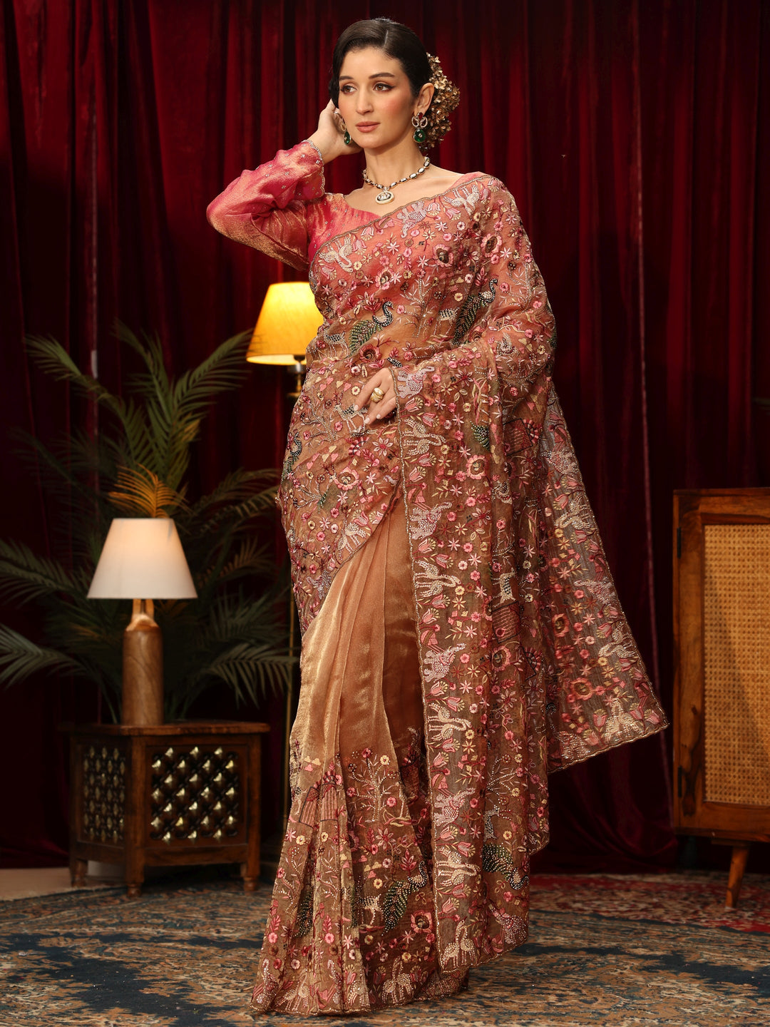 Libas Art Peach Floral Embroidered Tissue Saree