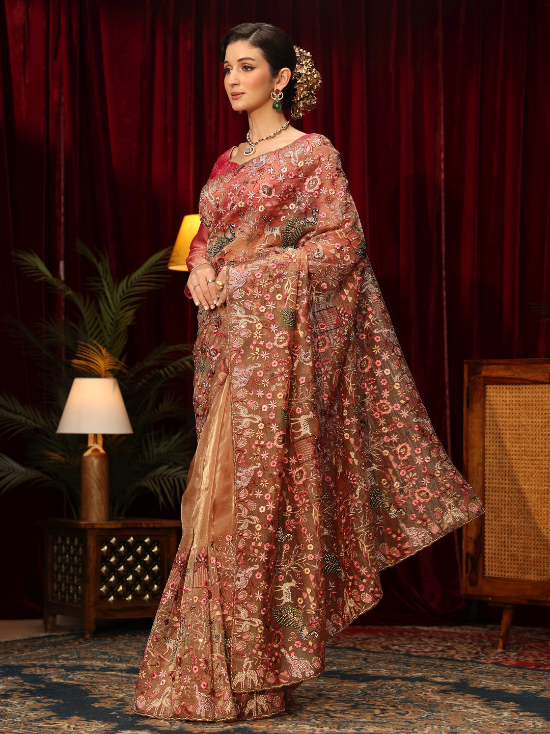 Libas Art Peach Floral Embroidered Tissue Saree