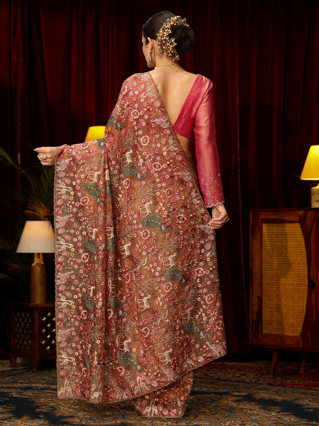Libas Art Peach Floral Embroidered Tissue Saree
