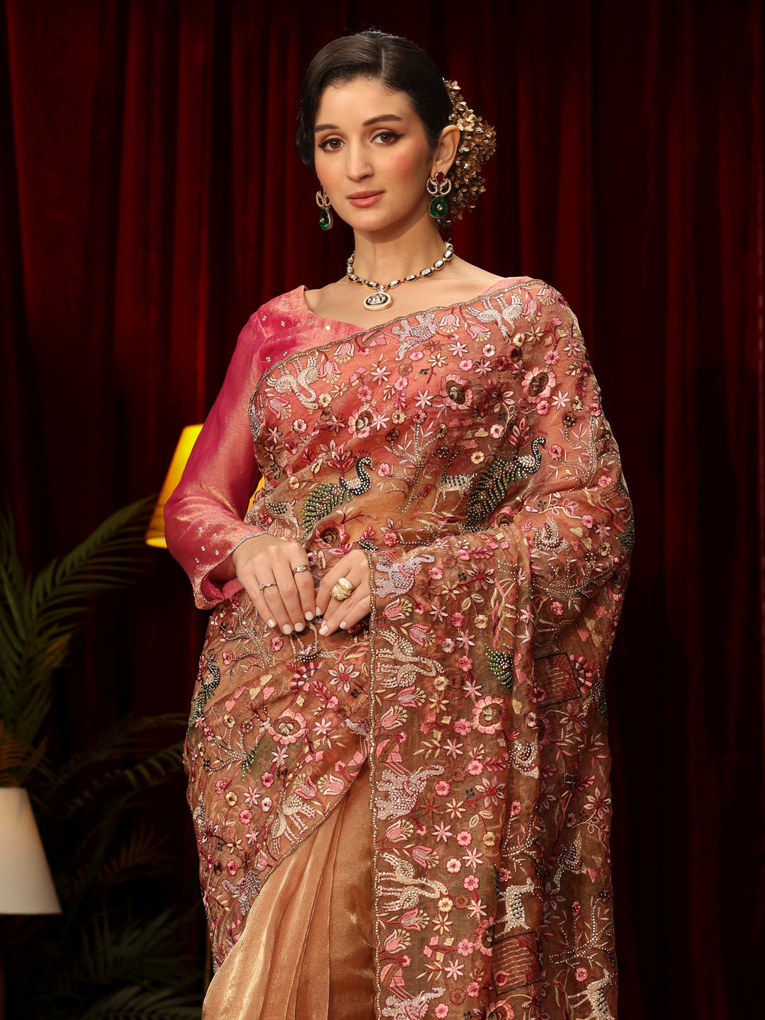 Libas Art Peach Floral Embroidered Tissue Saree