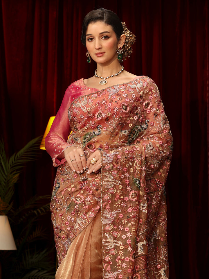 Libas Art Peach Floral Embroidered Tissue Saree