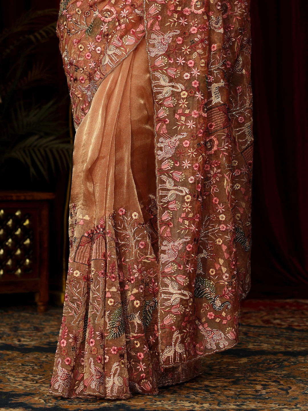 Libas Art Peach Floral Embroidered Tissue Saree