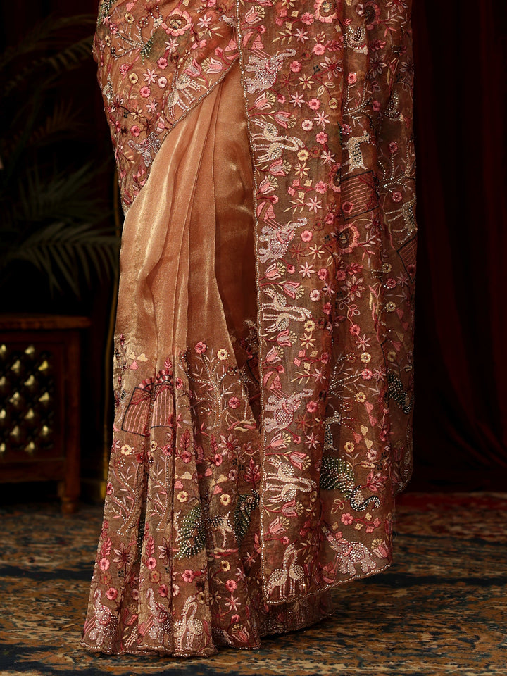 Libas Art Peach Floral Embroidered Tissue Saree