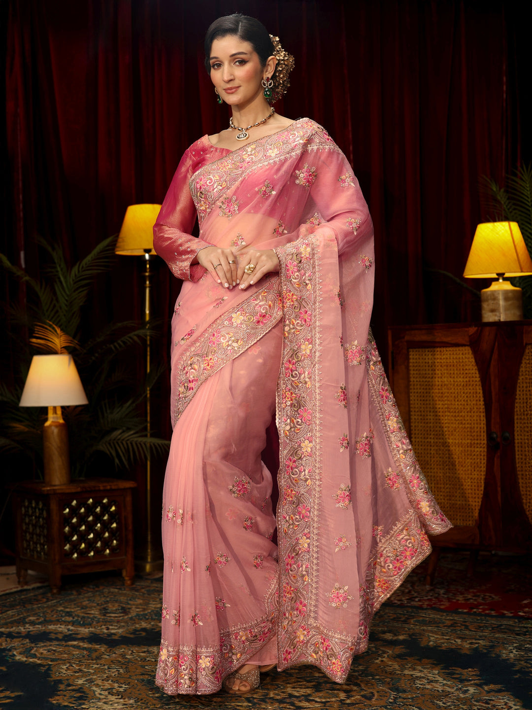 Libas Art Baby Pink Floral Embroidered Tissue Saree