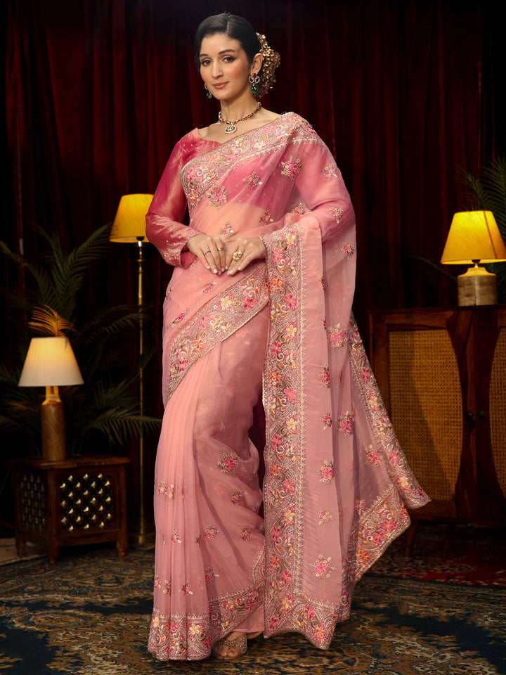 Libas Art Baby Pink Floral Embroidered Tissue Saree