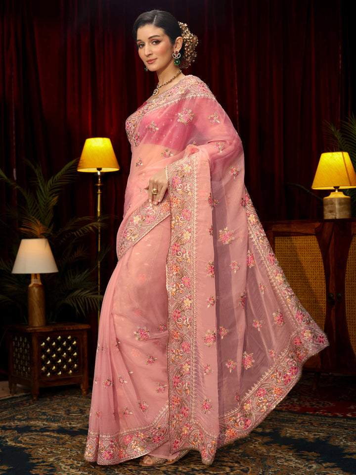 Libas Art Baby Pink Floral Embroidered Tissue Saree
