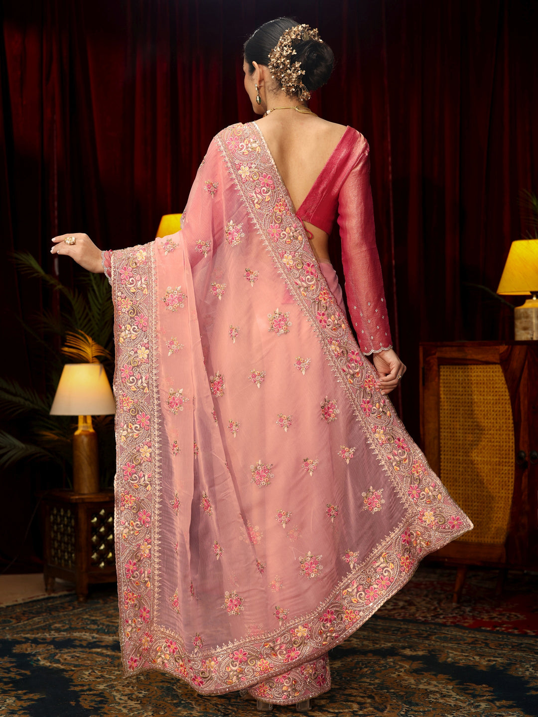 Libas Art Baby Pink Floral Embroidered Tissue Saree