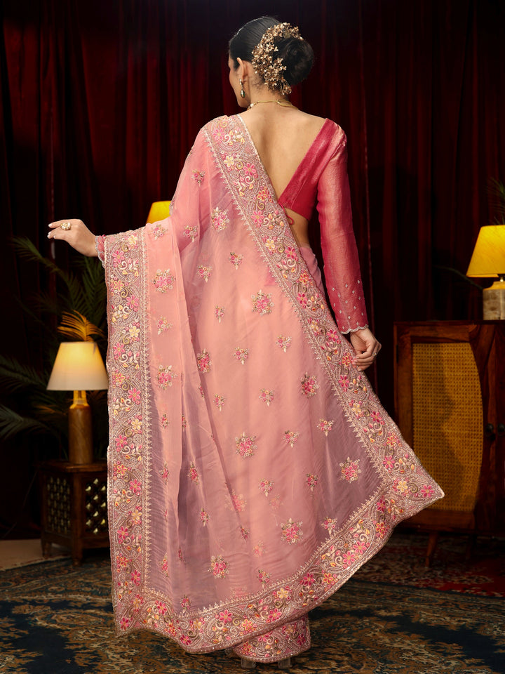 Libas Art Baby Pink Floral Embroidered Tissue Saree