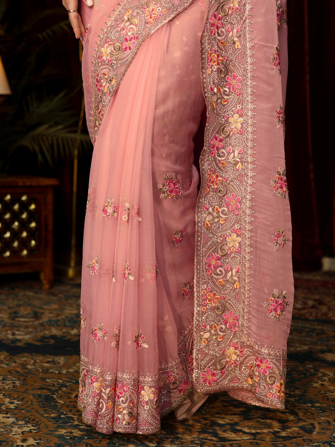Libas Art Baby Pink Floral Embroidered Tissue Saree