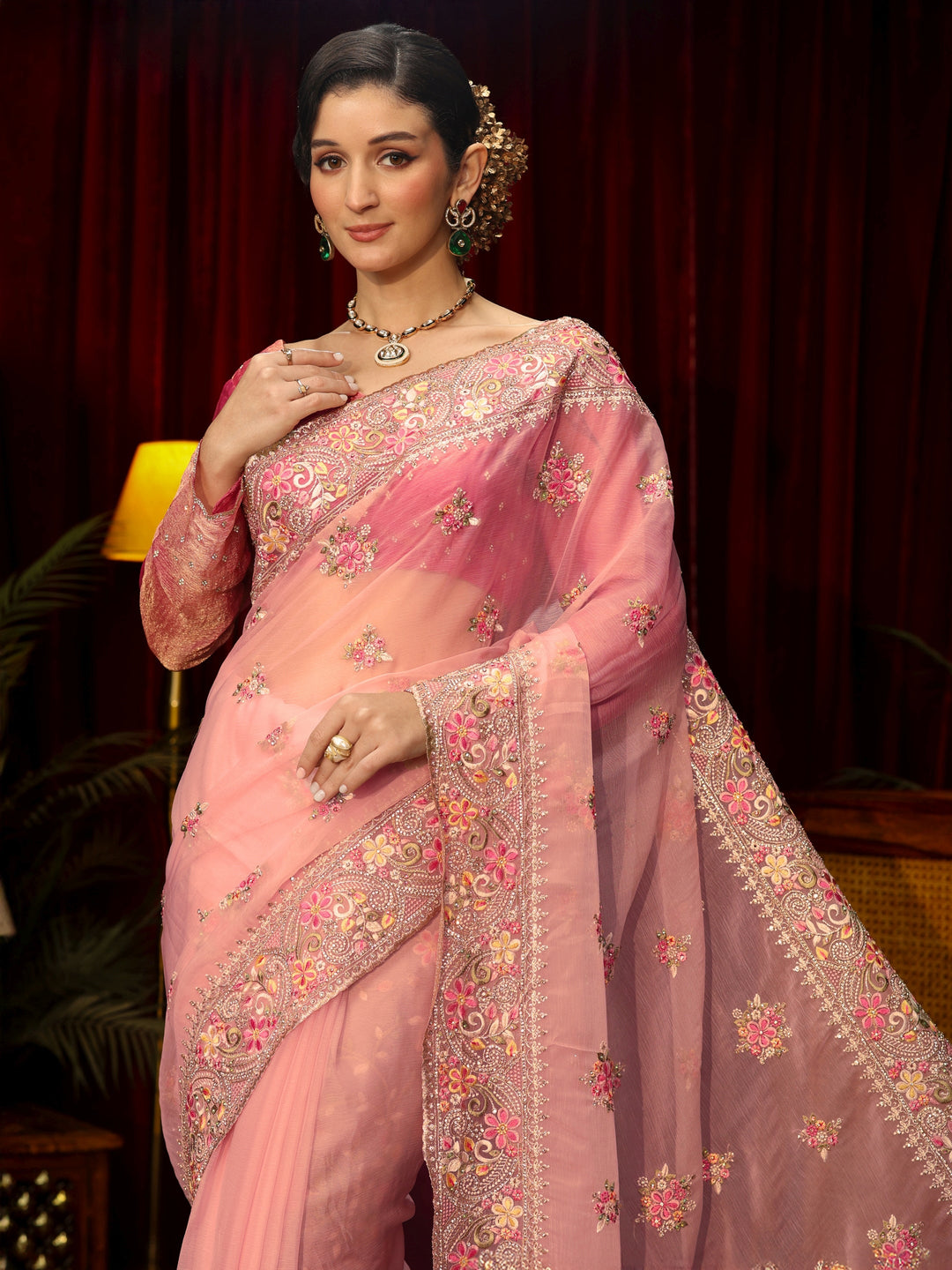Libas Art Baby Pink Floral Embroidered Tissue Saree