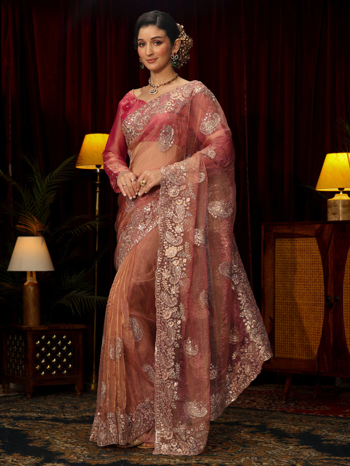 Libas Art Peach Paisley Sequin Embellished Tissue Saree