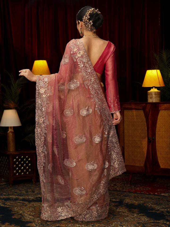 Libas Art Peach Paisley Sequin Embellished Tissue Saree