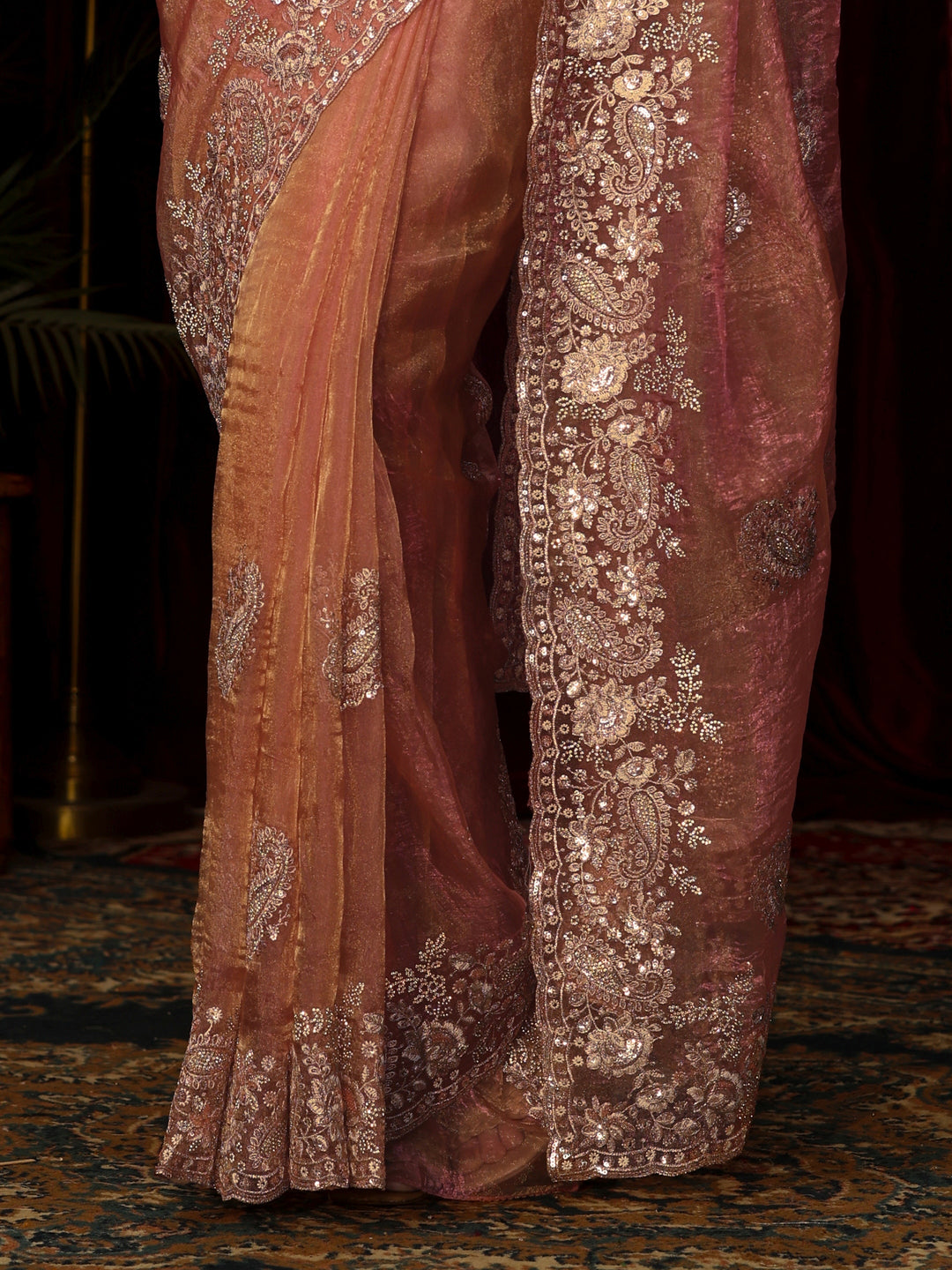 Libas Art Peach Paisley Sequin Embellished Tissue Saree