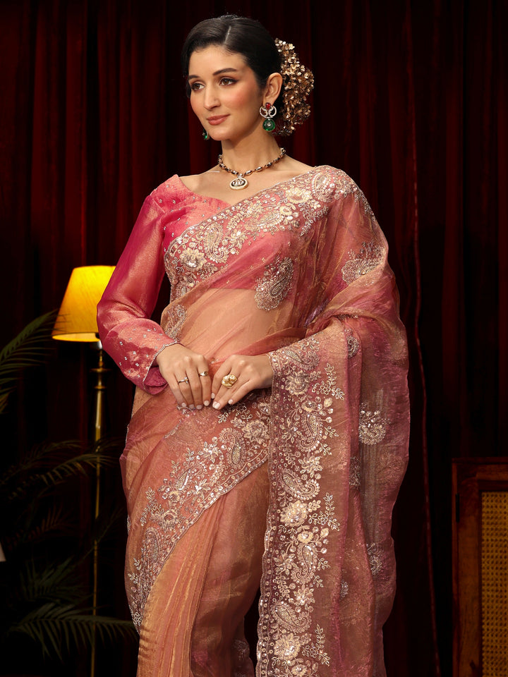 Libas Art Peach Paisley Sequin Embellished Tissue Saree