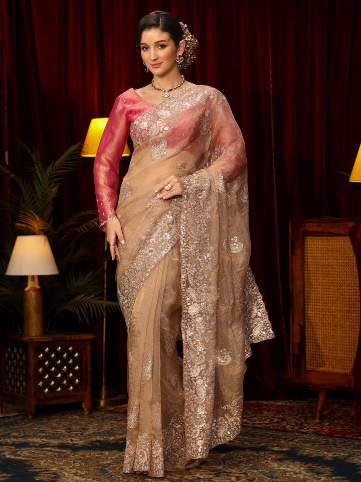 Libas Art Taupe Paisley Sequin Embellished Tissue Saree