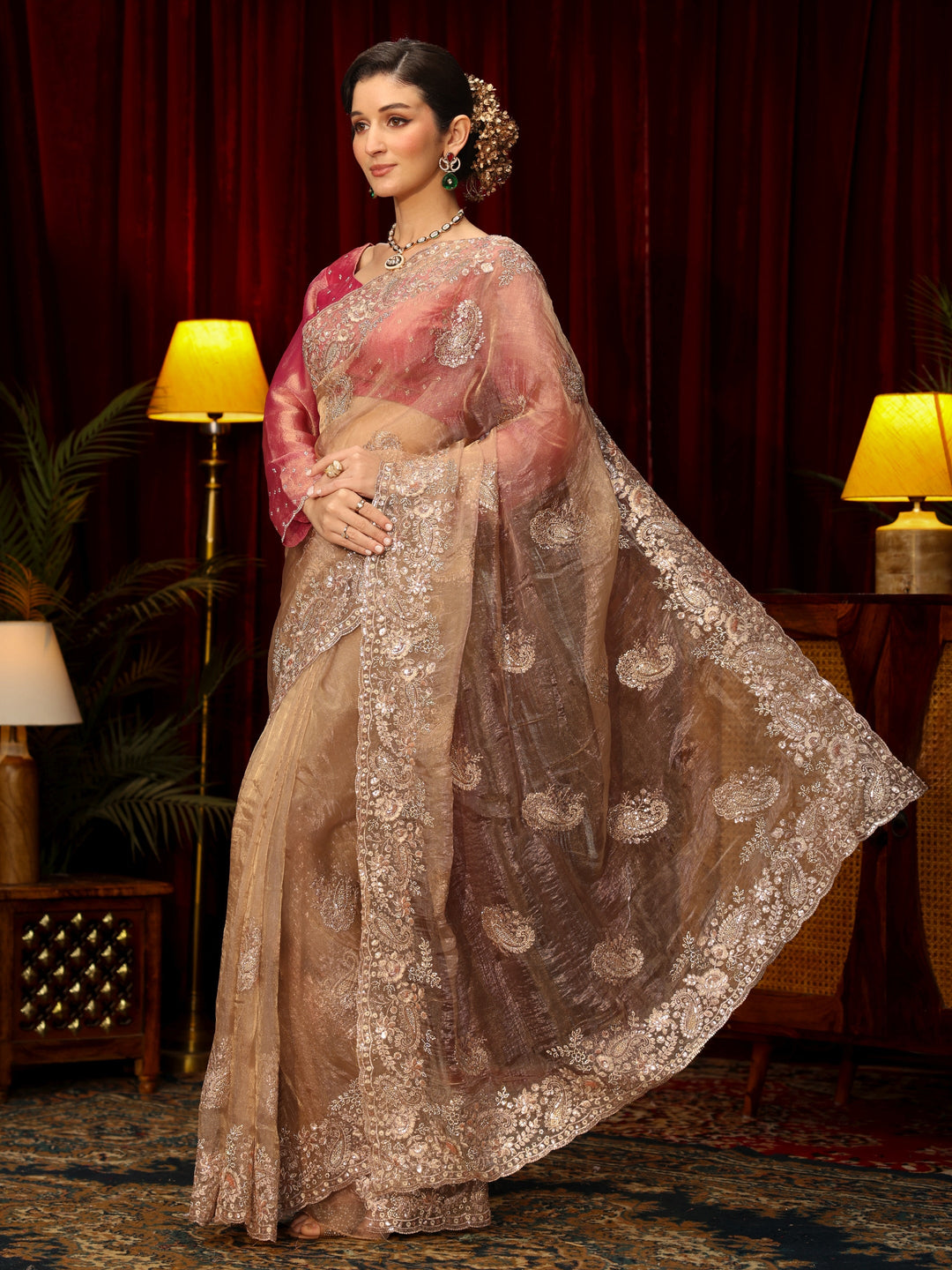 Libas Art Taupe Paisley Sequin Embellished Tissue Saree