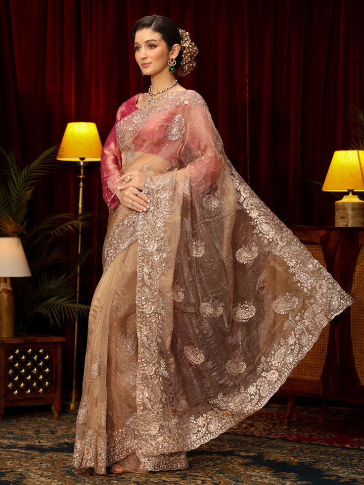 Libas Art Taupe Paisley Sequin Embellished Tissue Saree