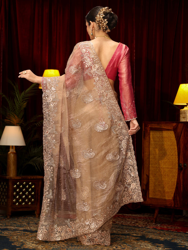Libas Art Taupe Paisley Sequin Embellished Tissue Saree