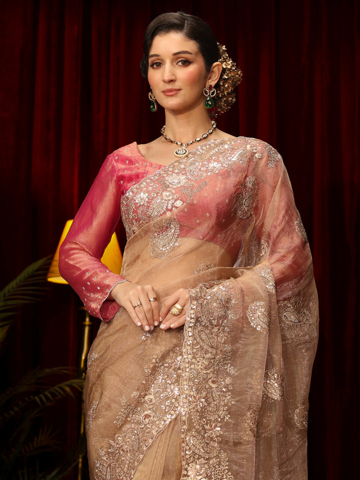 Libas Art Taupe Paisley Sequin Embellished Tissue Saree
