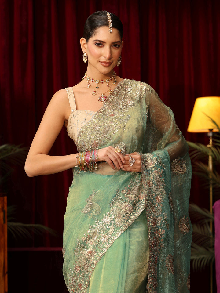 Libas Art Sage Green Paisley Embellished Tissue Saree