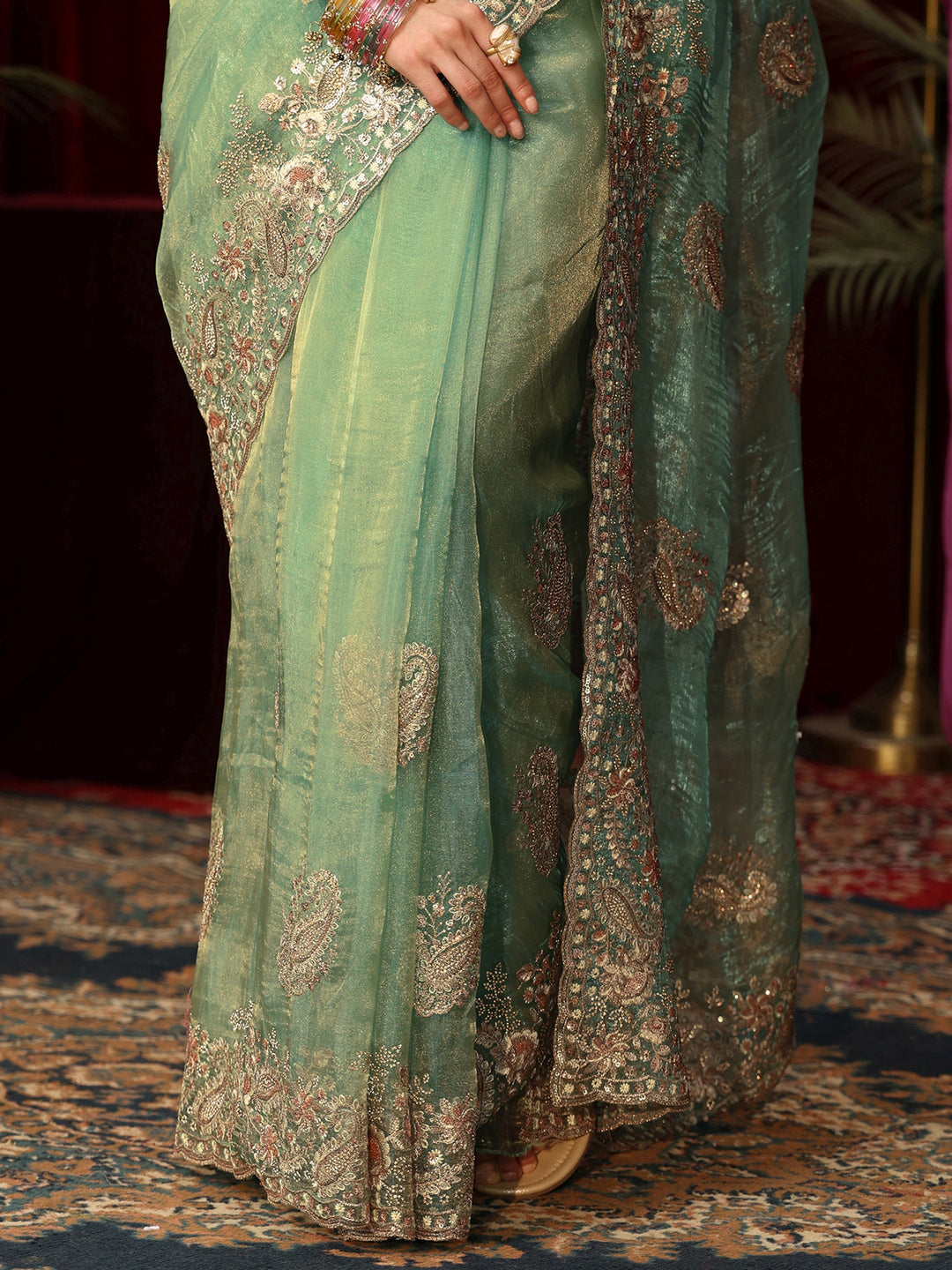 Libas Art Sage Green Paisley Embellished Tissue Saree