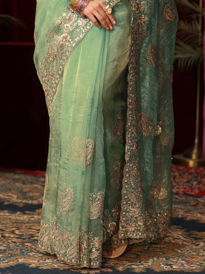 Libas Art Sage Green Paisley Embellished Tissue Saree