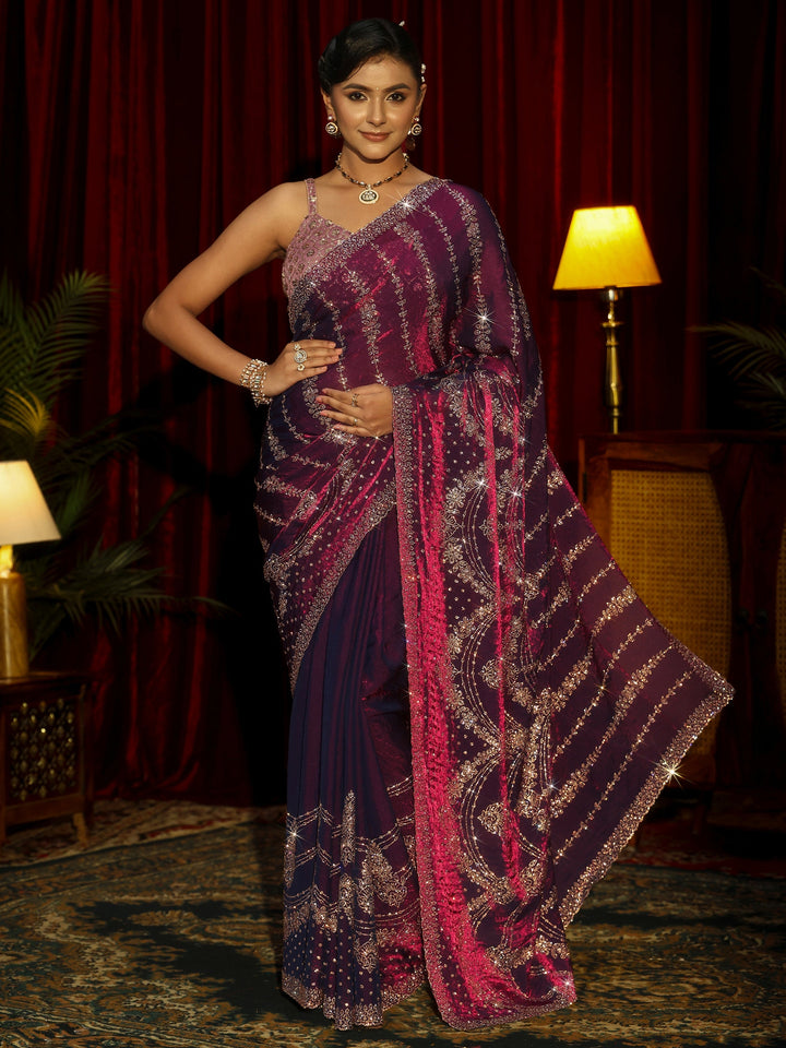 Libas Art Burgundy Stone Work Embellished Tissue Saree