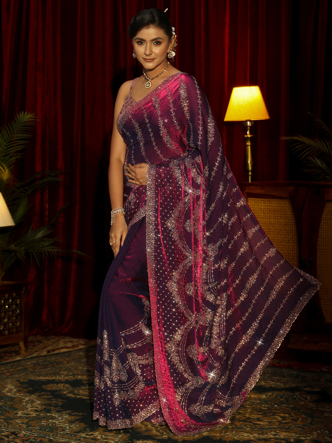 Libas Art Burgundy Stone Work Embellished Tissue Saree