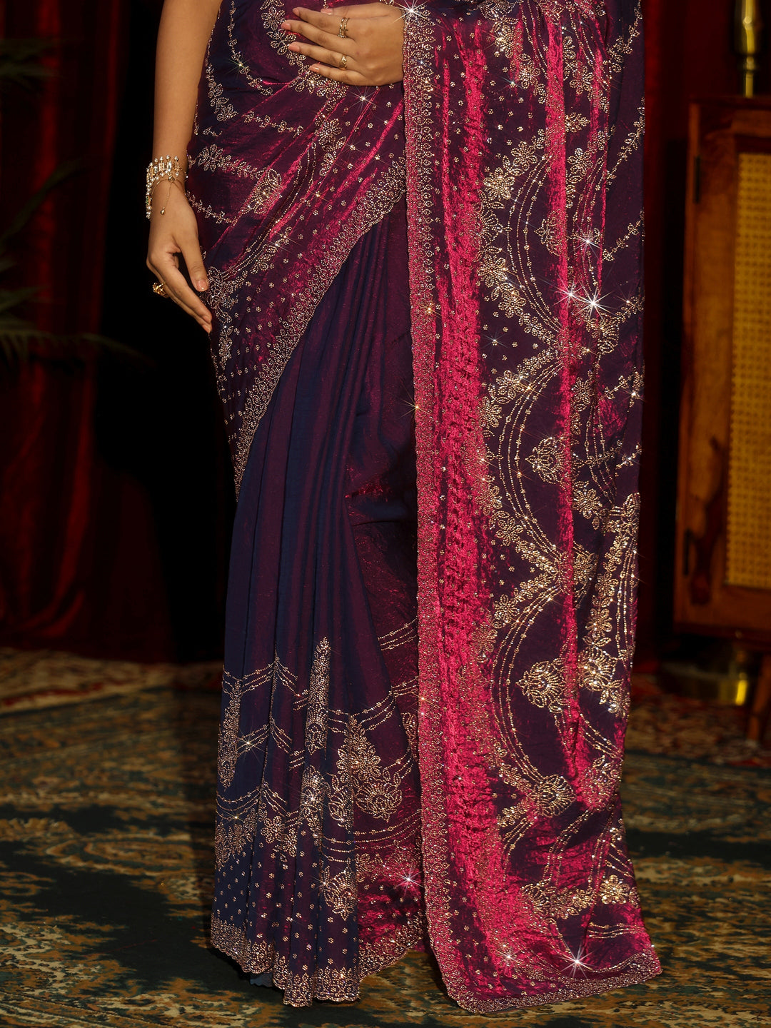 Libas Art Burgundy Stone Work Embellished Tissue Saree
