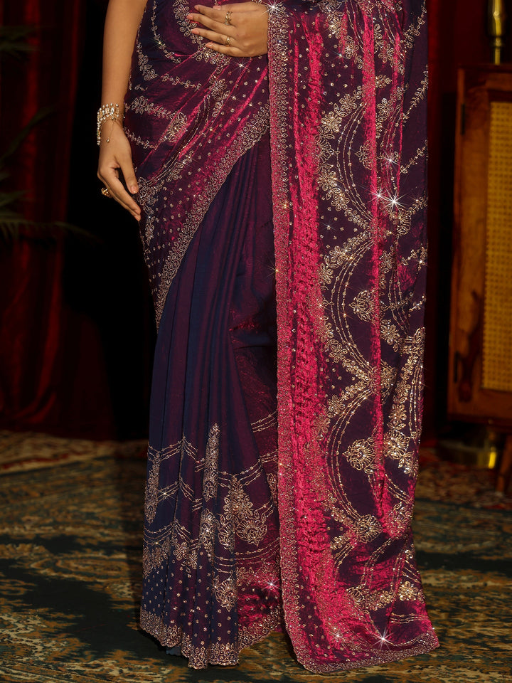 Libas Art Burgundy Stone Work Embellished Tissue Saree