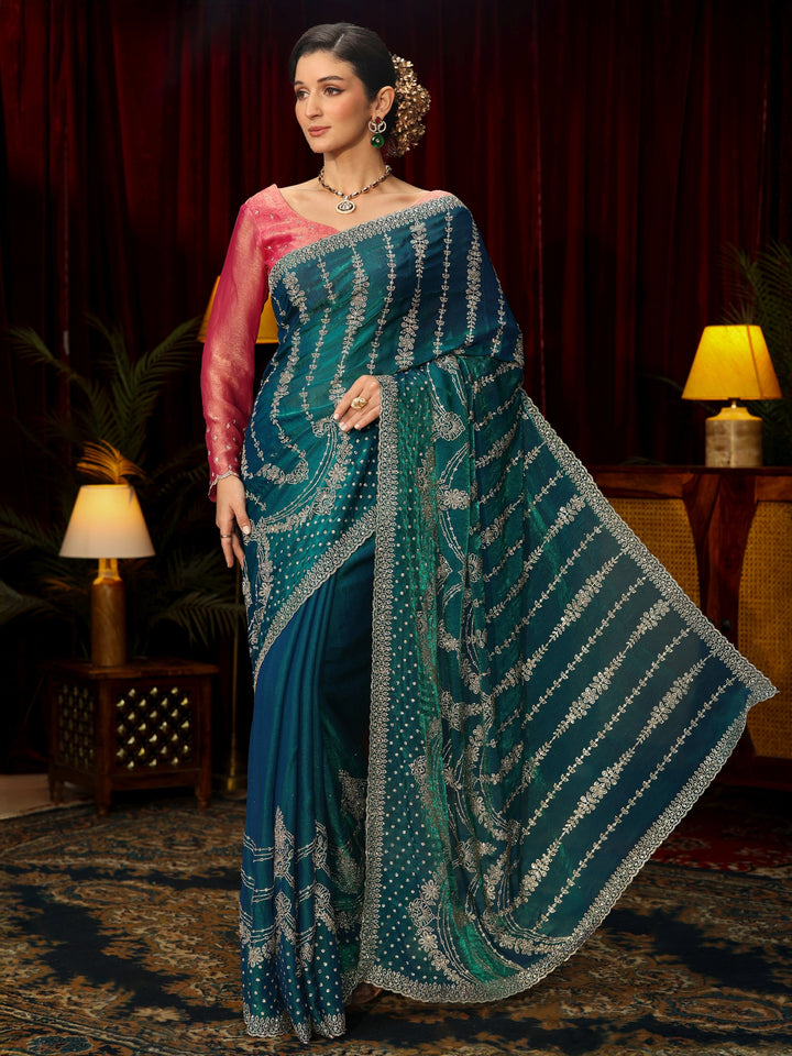 Libas Art Teal Blue Sequin Embellished Tissue Saree