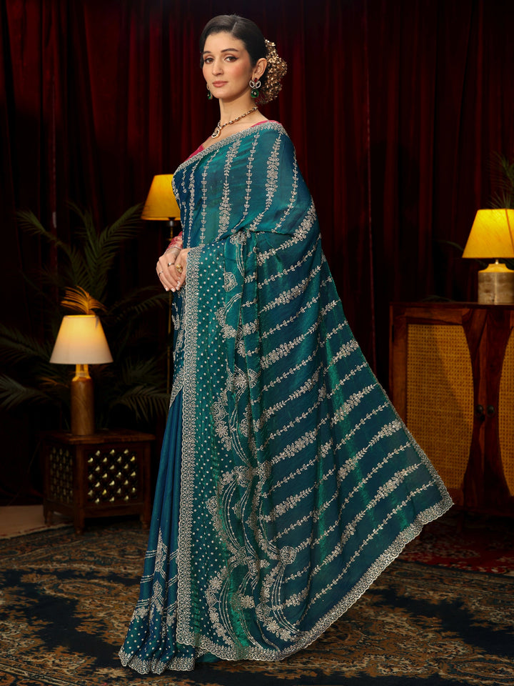 Libas Art Teal Blue Sequin Embellished Tissue Saree