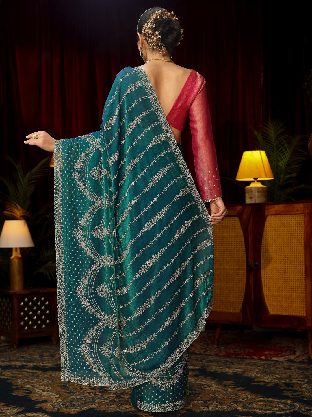 Libas Art Teal Blue Sequin Embellished Tissue Saree