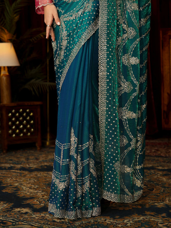 Libas Art Teal Blue Sequin Embellished Tissue Saree