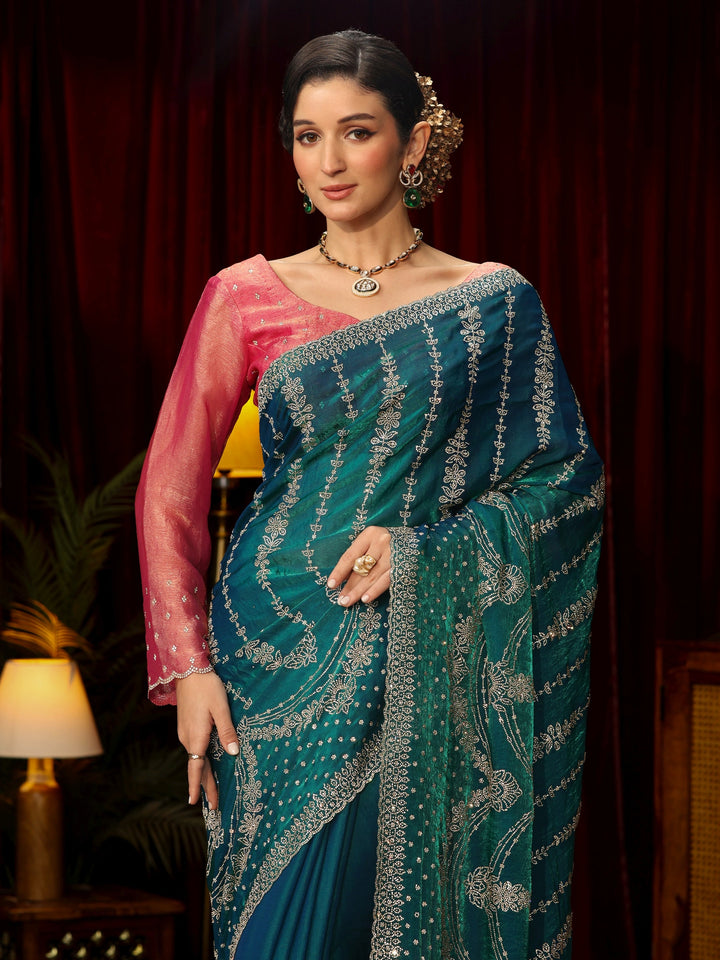 Libas Art Teal Blue Sequin Embellished Tissue Saree
