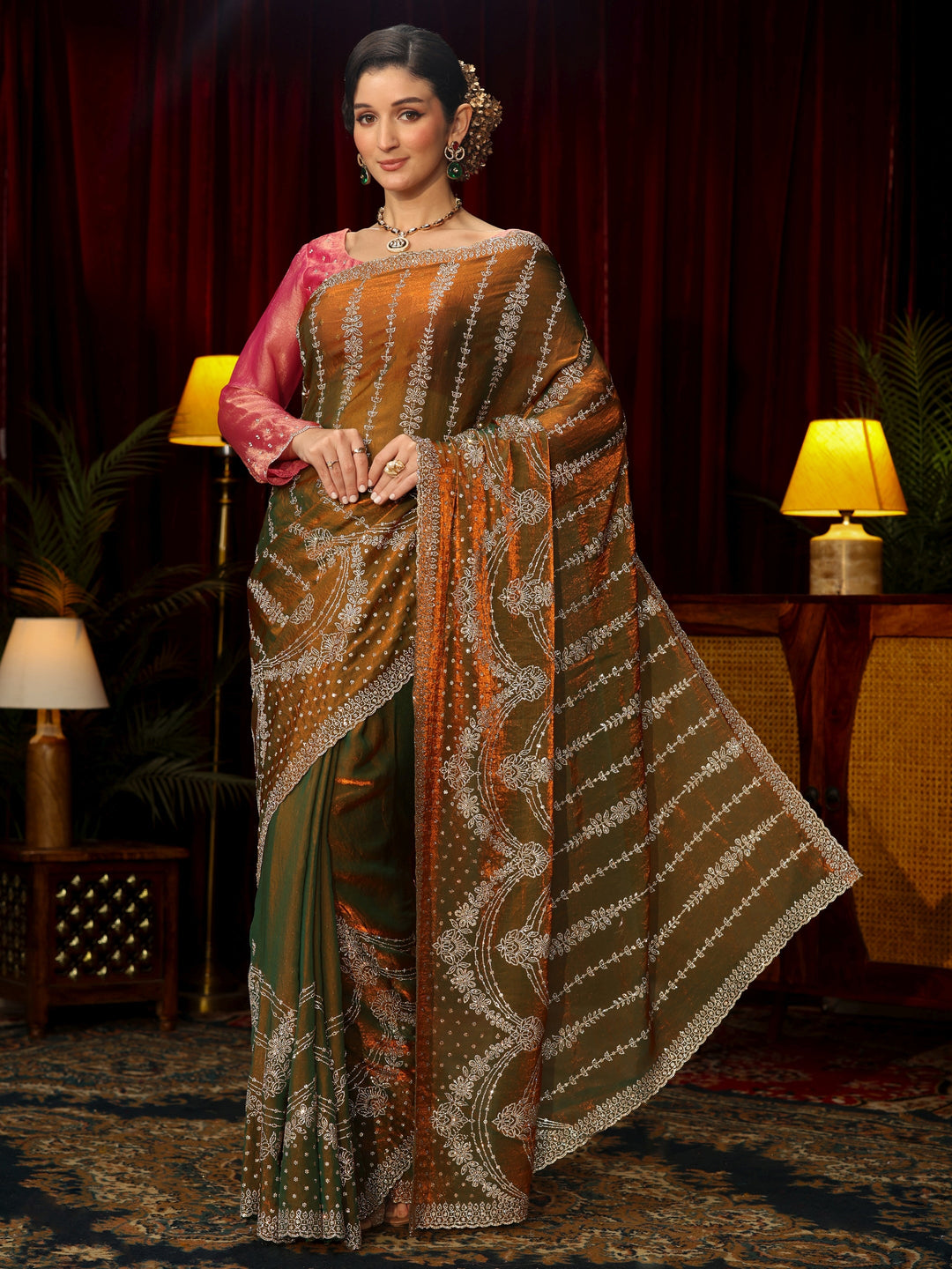 Libas Art Olive Sequin Embellished Tissue Saree