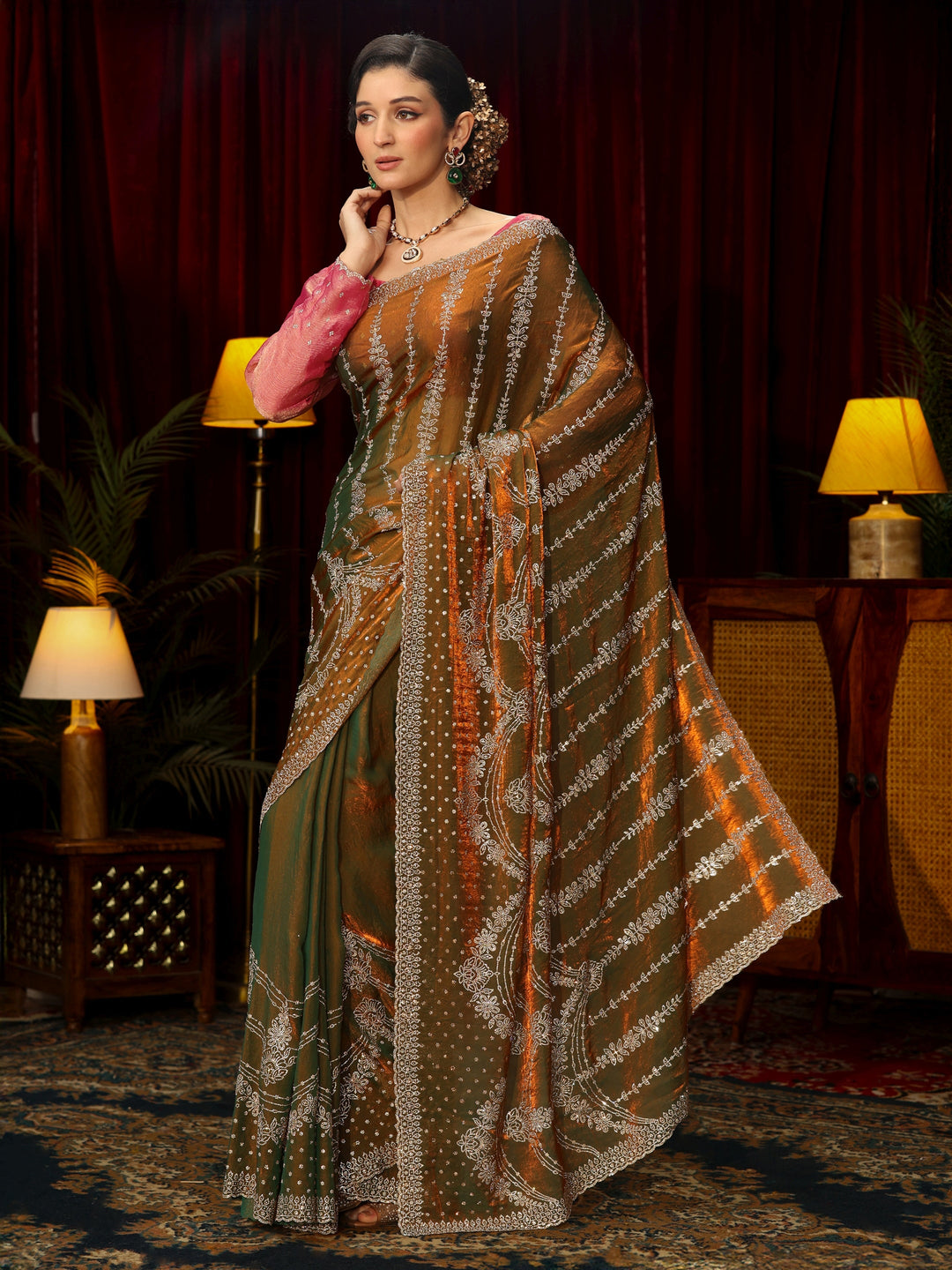Libas Art Olive Sequin Embellished Tissue Saree