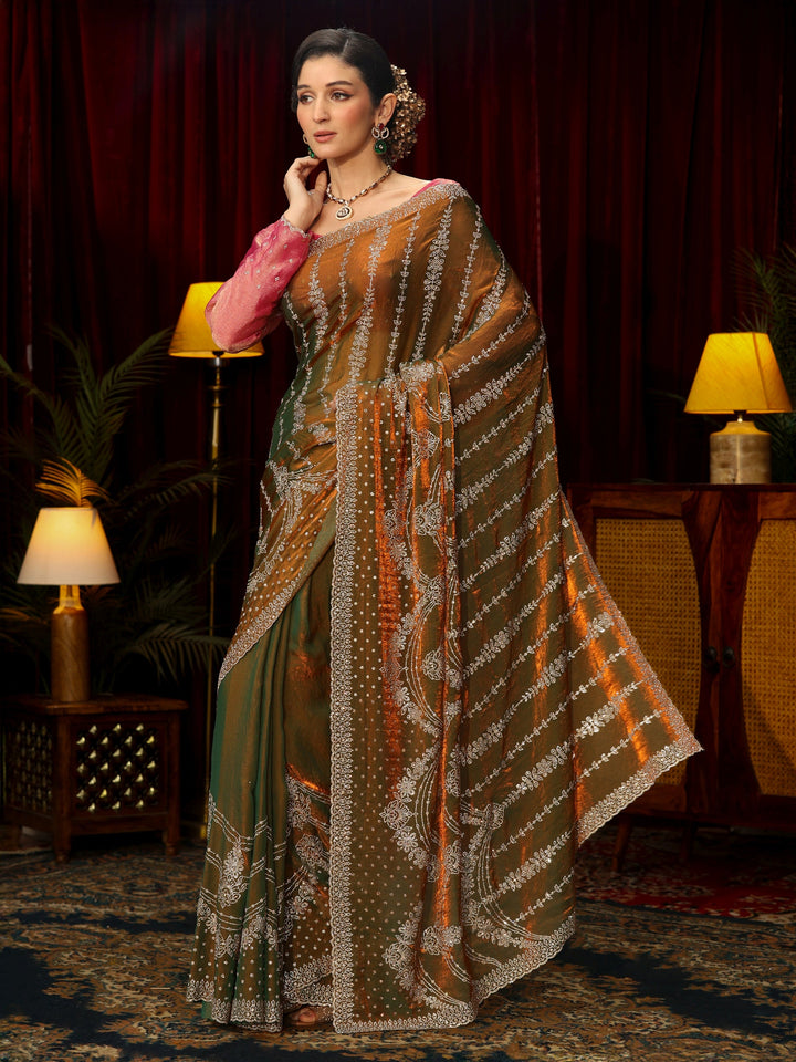 Libas Art Olive Sequin Embellished Tissue Saree