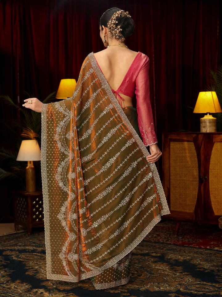 Libas Art Olive Sequin Embellished Tissue Saree