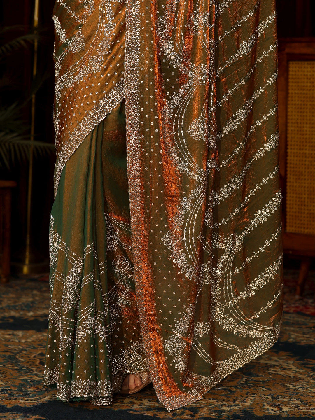 Libas Art Olive Sequin Embellished Tissue Saree