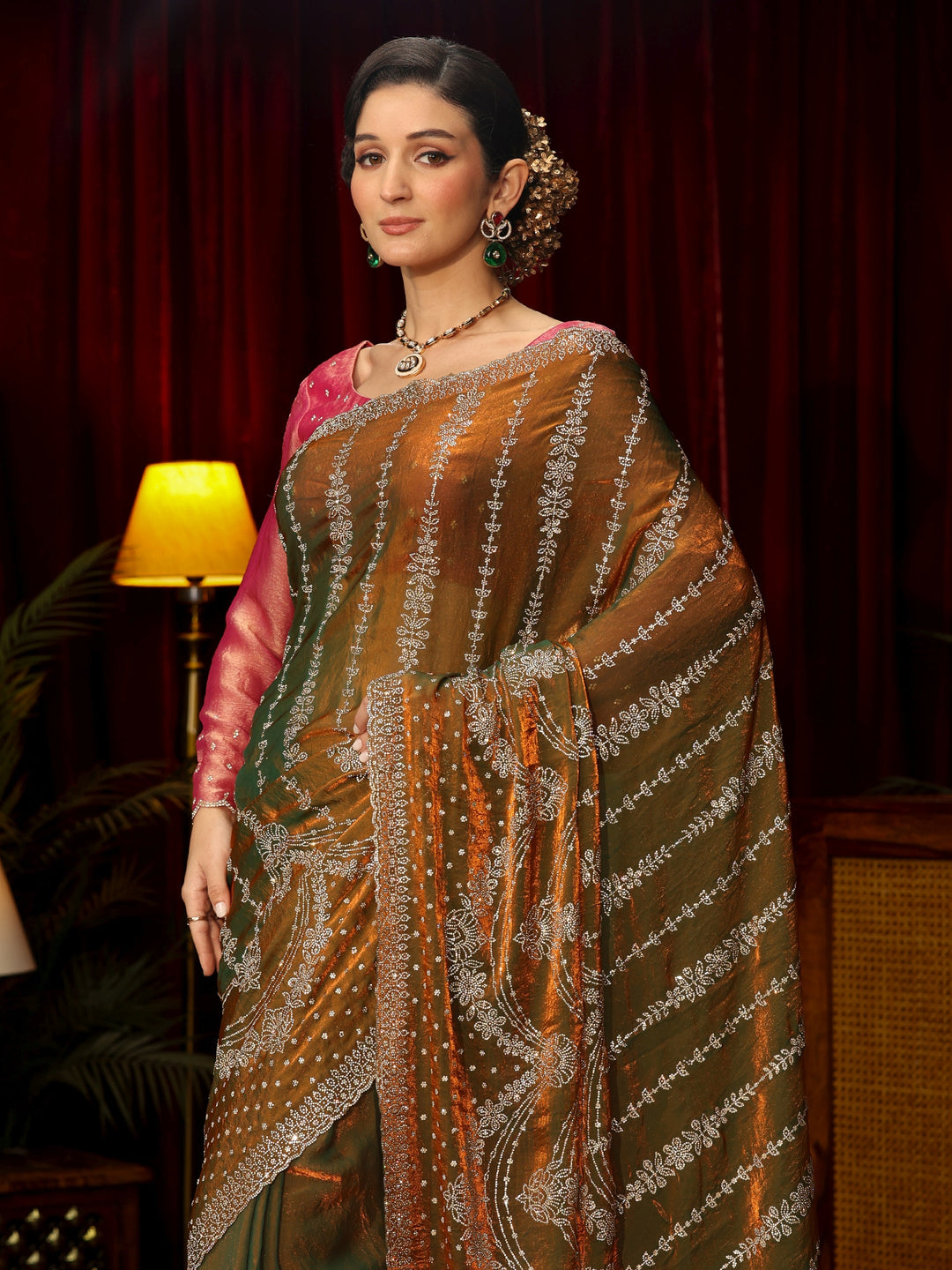 Libas Art Olive Sequin Embellished Tissue Saree
