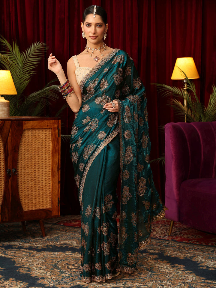 Libas Art Teal Green Floral Embellished Tissue Saree